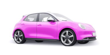 Pembe, küçük elektrikli hatchback araba. 3B illüstrasyon