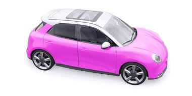 Pembe, küçük elektrikli hatchback araba. 3B illüstrasyon