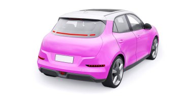 Pembe, küçük elektrikli hatchback araba. 3B illüstrasyon