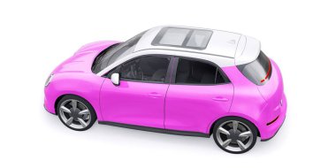 Pembe, küçük elektrikli hatchback araba. 3B illüstrasyon
