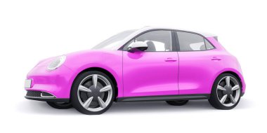 Pembe, küçük elektrikli hatchback araba. 3B illüstrasyon