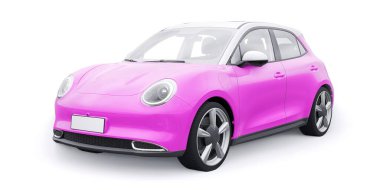 Pembe, küçük elektrikli hatchback araba. 3B illüstrasyon