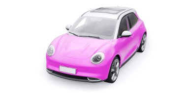 Pembe, küçük elektrikli hatchback araba. 3B illüstrasyon