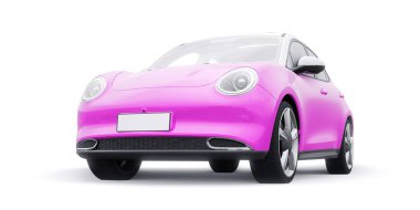 Pembe, küçük elektrikli hatchback araba. 3B illüstrasyon