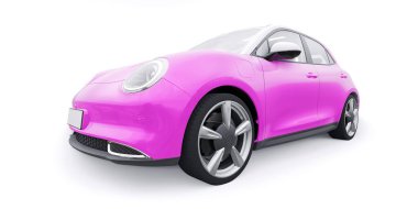 Pembe, küçük elektrikli hatchback araba. 3B illüstrasyon