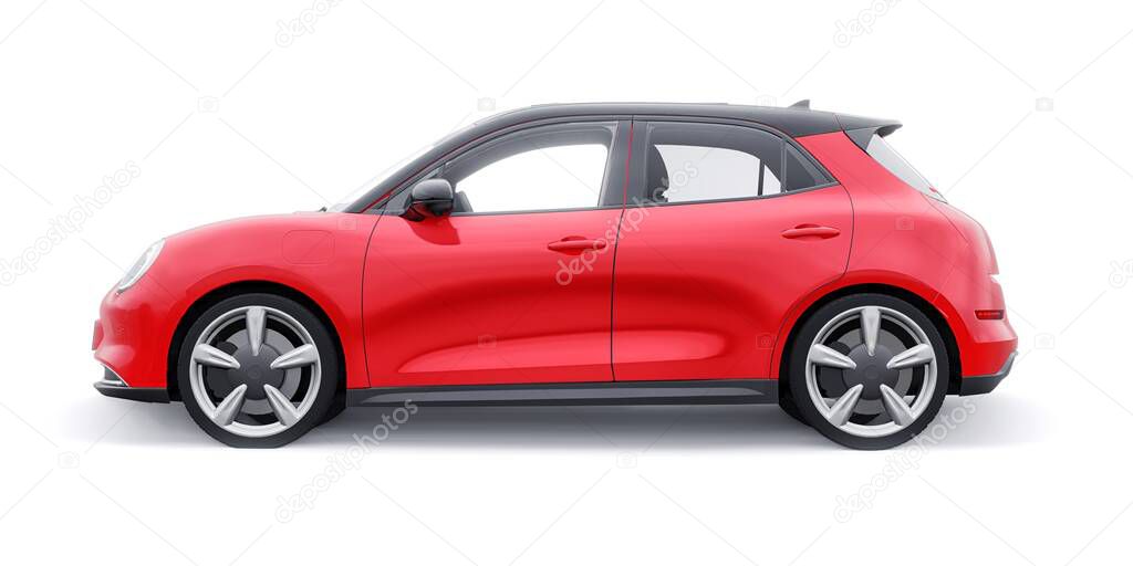 Red cute little electric hatchback car. 3D illustration