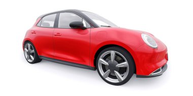 Kırmızı, şirin, elektrikli hatchback araba. 3B illüstrasyon