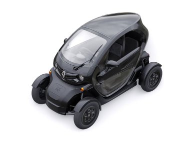 Tula, Rusya. 30 Ocak 2022: Renault Twizy ZE 2015: Siyah Süper kompakt elektrikli şehir arabası iki yolcu için. 3B illüstrasyon.