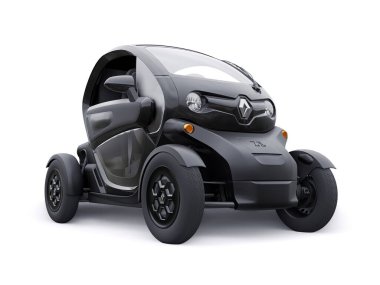 Tula, Rusya. 30 Ocak 2022: Renault Twizy ZE 2015: Siyah Süper kompakt elektrikli şehir arabası iki yolcu için. 3B illüstrasyon.