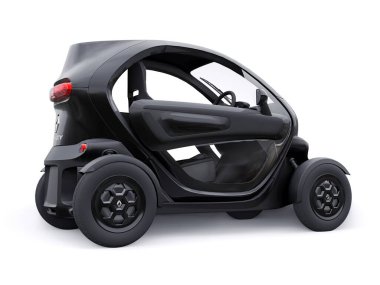 Tula, Rusya. 30 Ocak 2022: Renault Twizy ZE 2015: Siyah Süper kompakt elektrikli şehir arabası iki yolcu için. 3B illüstrasyon.