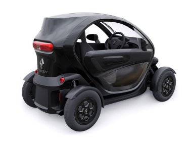 Tula, Rusya. 30 Ocak 2022: Renault Twizy ZE 2015: Siyah Süper kompakt elektrikli şehir arabası iki yolcu için. 3B illüstrasyon.
