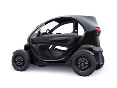 Tula, Rusya. 30 Ocak 2022: Renault Twizy ZE 2015: Siyah Süper kompakt elektrikli şehir arabası iki yolcu için. 3B illüstrasyon.