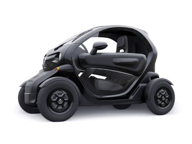Tula, Rusya. 30 Ocak 2022: Renault Twizy ZE 2015: Siyah Süper kompakt elektrikli şehir arabası iki yolcu için. 3B illüstrasyon.