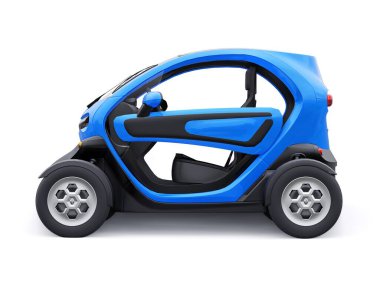 Tula, Rusya. 30 Ocak 2022: Renault Twizy ZE 2015: Mavi Süper kompakt elektrikli şehir arabası iki yolcu için. 3B illüstrasyon.