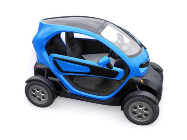 Tula, Rusya. 30 Ocak 2022: Renault Twizy ZE 2015: Mavi Süper kompakt elektrikli şehir arabası iki yolcu için. 3B illüstrasyon.