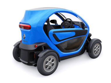Tula, Rusya. 30 Ocak 2022: Renault Twizy ZE 2015: Mavi Süper kompakt elektrikli şehir arabası iki yolcu için. 3B illüstrasyon.