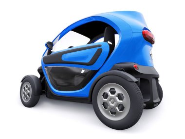 Tula, Rusya. 30 Ocak 2022: Renault Twizy ZE 2015: Mavi Süper kompakt elektrikli şehir arabası iki yolcu için. 3B illüstrasyon.