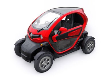 Tula, Rusya. 30 Ocak 2022: Renault Twizy ZE 2015: İki yolcu için Red Super kompakt elektrikli şehir arabası. 3B illüstrasyon.
