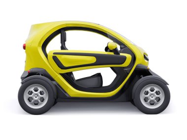 Tula, Rusya. 30 Ocak 2022: Renault Twizy ZE 2015: İki yolcu için Sarı Süper kompakt elektrikli şehir arabası. 3B illüstrasyon.