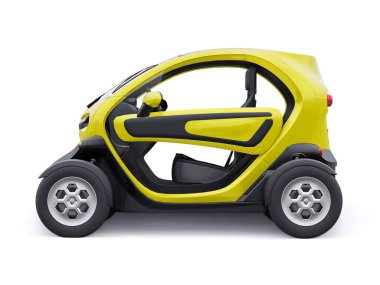 Tula, Rusya. 30 Ocak 2022: Renault Twizy ZE 2015: İki yolcu için Sarı Süper kompakt elektrikli şehir arabası. 3B illüstrasyon.
