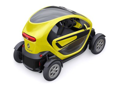 Tula, Rusya. 30 Ocak 2022: Renault Twizy ZE 2015: İki yolcu için Sarı Süper kompakt elektrikli şehir arabası. 3B illüstrasyon.