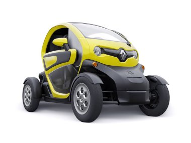 Tula, Rusya. 30 Ocak 2022: Renault Twizy ZE 2015: İki yolcu için Sarı Süper kompakt elektrikli şehir arabası. 3B illüstrasyon.