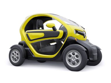 Tula, Rusya. 30 Ocak 2022: Renault Twizy ZE 2015: İki yolcu için Sarı Süper kompakt elektrikli şehir arabası. 3B illüstrasyon.
