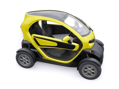 Tula, Rusya. 30 Ocak 2022: Renault Twizy ZE 2015: İki yolcu için Sarı Süper kompakt elektrikli şehir arabası. 3B illüstrasyon.