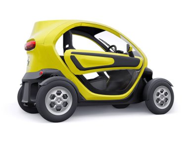 Tula, Rusya. 30 Ocak 2022: Renault Twizy ZE 2015: İki yolcu için Sarı Süper kompakt elektrikli şehir arabası. 3B illüstrasyon.