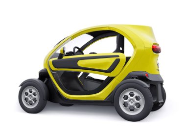 Tula, Rusya. 30 Ocak 2022: Renault Twizy ZE 2015: İki yolcu için Sarı Süper kompakt elektrikli şehir arabası. 3B illüstrasyon.