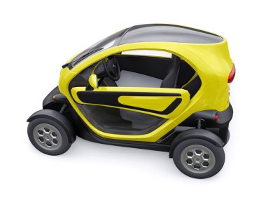 Tula, Rusya. 30 Ocak 2022: Renault Twizy ZE 2015: İki yolcu için Sarı Süper kompakt elektrikli şehir arabası. 3B illüstrasyon.