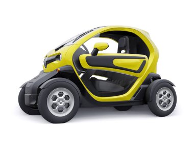 Tula, Rusya. 30 Ocak 2022: Renault Twizy ZE 2015: İki yolcu için Sarı Süper kompakt elektrikli şehir arabası. 3B illüstrasyon.
