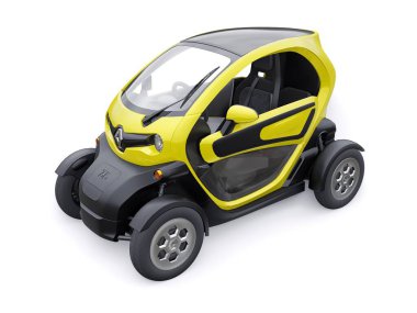 Tula, Rusya. 30 Ocak 2022: Renault Twizy ZE 2015: İki yolcu için Sarı Süper kompakt elektrikli şehir arabası. 3B illüstrasyon.