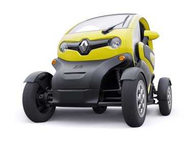 Tula, Rusya. 30 Ocak 2022: Renault Twizy ZE 2015: İki yolcu için Sarı Süper kompakt elektrikli şehir arabası. 3B illüstrasyon.
