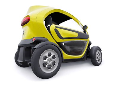 Tula, Rusya. 30 Ocak 2022: Renault Twizy ZE 2015: İki yolcu için Sarı Süper kompakt elektrikli şehir arabası. 3B illüstrasyon.