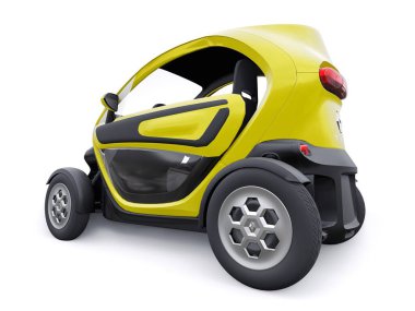 Tula, Rusya. 30 Ocak 2022: Renault Twizy ZE 2015: İki yolcu için Sarı Süper kompakt elektrikli şehir arabası. 3B illüstrasyon.