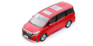 Kırmızı Minivan aile arabası. Birinci sınıf iş arabası. 3B illüstrasyon.