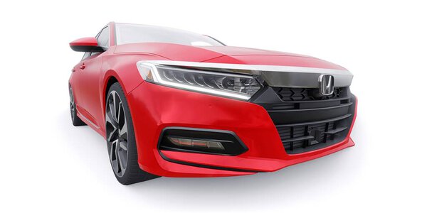 Тула, Россия. 30 января 2022: Honda Accord 2020: Красный большой гибридный бизнес седан для работы и семьи. 3D иллюстрация.