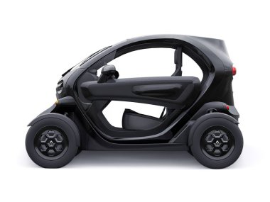Tula, Rusya. 30 Ocak 2022: Renault Twizy ZE 2015: Siyah Süper kompakt elektrikli şehir arabası iki yolcu için. 3B illüstrasyon.