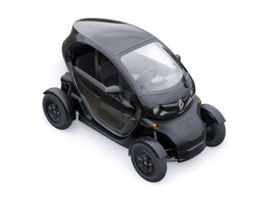 Tula, Rusya. 30 Ocak 2022: Renault Twizy ZE 2015: Siyah Süper kompakt elektrikli şehir arabası iki yolcu için. 3B illüstrasyon.