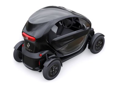 Tula, Rusya. 30 Ocak 2022: Renault Twizy ZE 2015: Siyah Süper kompakt elektrikli şehir arabası iki yolcu için. 3B illüstrasyon.