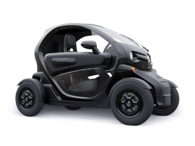 Tula, Rusya. 30 Ocak 2022: Renault Twizy ZE 2015: Siyah Süper kompakt elektrikli şehir arabası iki yolcu için. 3B illüstrasyon.