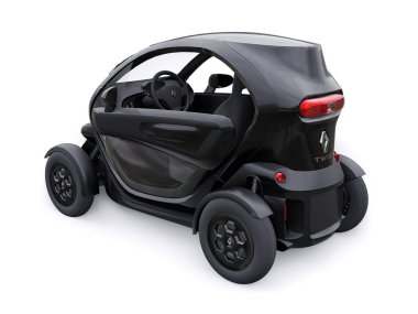 Tula, Rusya. 30 Ocak 2022: Renault Twizy ZE 2015: Siyah Süper kompakt elektrikli şehir arabası iki yolcu için. 3B illüstrasyon.