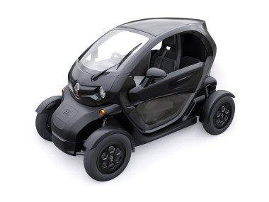 Tula, Rusya. 30 Ocak 2022: Renault Twizy ZE 2015: Siyah Süper kompakt elektrikli şehir arabası iki yolcu için. 3B illüstrasyon.