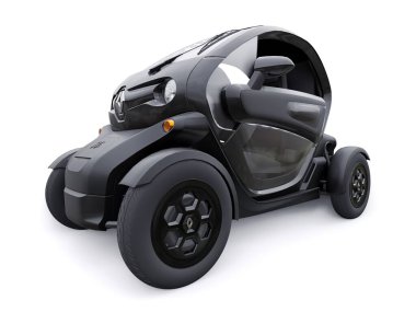 Tula, Rusya. 30 Ocak 2022: Renault Twizy ZE 2015: Siyah Süper kompakt elektrikli şehir arabası iki yolcu için. 3B illüstrasyon.