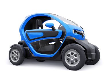 Tula, Rusya. 30 Ocak 2022: Renault Twizy ZE 2015: Mavi Süper kompakt elektrikli şehir arabası iki yolcu için. 3B illüstrasyon.