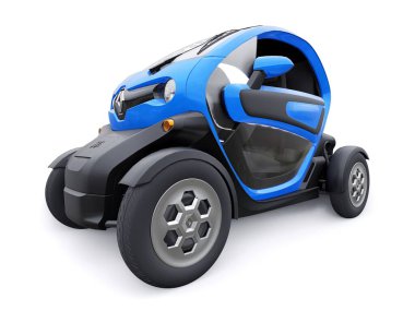 Tula, Rusya. 30 Ocak 2022: Renault Twizy ZE 2015: Mavi Süper kompakt elektrikli şehir arabası iki yolcu için. 3B illüstrasyon.