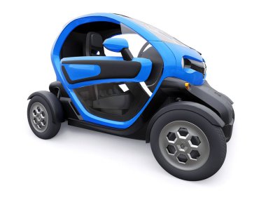 Tula, Rusya. 30 Ocak 2022: Renault Twizy ZE 2015: Mavi Süper kompakt elektrikli şehir arabası iki yolcu için. 3B illüstrasyon.
