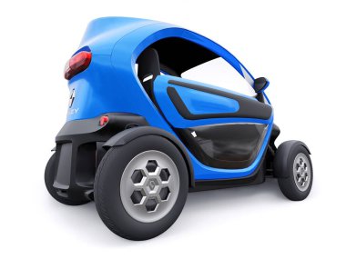 Tula, Rusya. 30 Ocak 2022: Renault Twizy ZE 2015: Mavi Süper kompakt elektrikli şehir arabası iki yolcu için. 3B illüstrasyon.