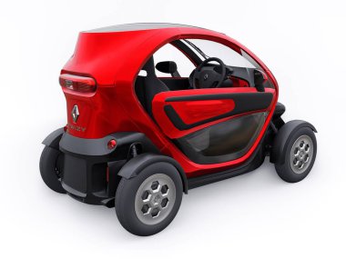 Tula, Rusya. 30 Ocak 2022: Renault Twizy ZE 2015: İki yolcu için Red Super kompakt elektrikli şehir arabası. 3B illüstrasyon.